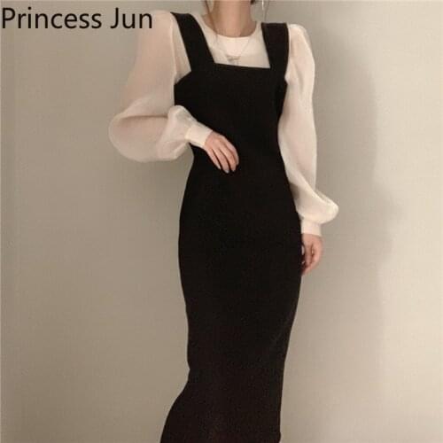 Korean Elegant Lady 2 Piece Dress Sets Transparent Mesh Bottoming Shirt&Bodycon Midi Strap Tank Dress 2pc Skirt Suits Outfits