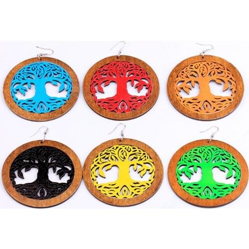 Trendy Big Tree Of Life Wooden Earrings Bohemian Dangle Fashion Jewelry Statement Drop Colorful African Wood Earrings For Woman