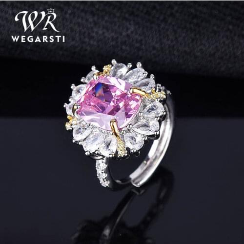 WEGARSTI 925 Sterling Silver Romantic Flower With Pink Cubic Zircon Finger Rings For Women Wedding Silver Fine Jewelry Resizable