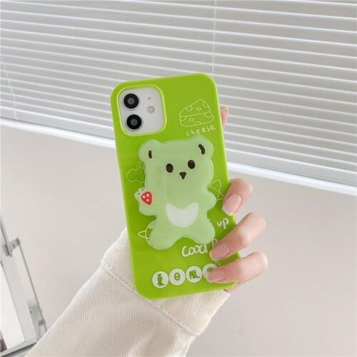 Soft TPU Candy Green Phone Cases for iPhone 12 Pro Max 11 Pro Max X XS Max XR 7 8 Plus SE20 Cute Cover with Bear Bracket Holder
