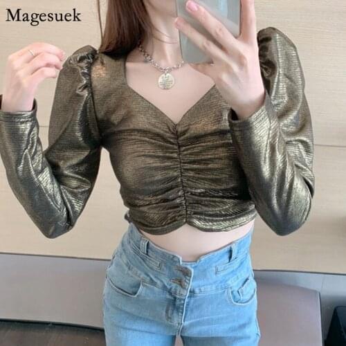 New Spring Short Sexy Shirts Blouses Puff Sleeve Pleated White Blouse Women V-Neck Solid Casual Female Shirt Tops Blusas 12961