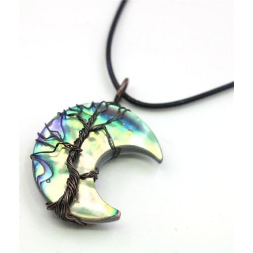 The Crescent Moon And Tree Abalone Freshwater Shell Pendant Necklace Slide Black Rope Chain Neckwear Alloy Jewelry Making Design