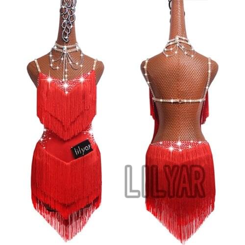 Latin Dance Dress Competition Dresses Costumes Skirt Performing Rhinestones Adult Children Tassel dress Various color Red White
