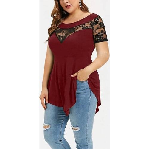 Casual O-Neck Lace Short Sleeve T-shirt for Women Summer Clothes Sexy Solid Color Tee Fashion Lady Irregular Top