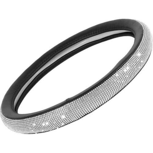 Crystal Bling Rhinestone Car Steering Wheel Cover 15'' 38cm Black PU Leather
