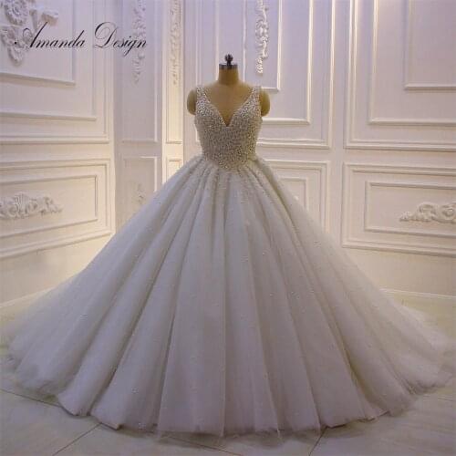 Amanda Design bruidsjurk Cap Sleeve Pearls Low Cut Wedding Dress