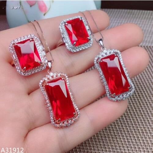 KJJEAXCMY Boutique jewelry 925 Sterling Silver 925 sterling silver red corundum girls necklace pendant ring set square free ship