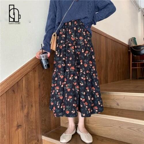 Luck A 2021 Autumn Women Cake Skirt Floral Corduroy High Waist Elastic Elegant All-Match Female Lady Print A-Line Skirts