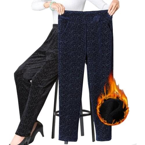 Plus Size Printed Pants Womens High-Waist Mom Casual Pants Elastic Waist Plus Velvet Thick Pocket Autumn Winter Trousers Woman