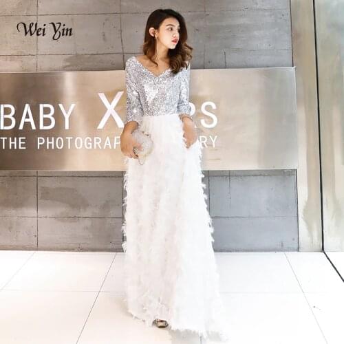Wei yin Robe De Soiree 2021 New Elegant A Line V Neck White Lace Long Formal Evening Dresses Sequined Party Gowns WY1112