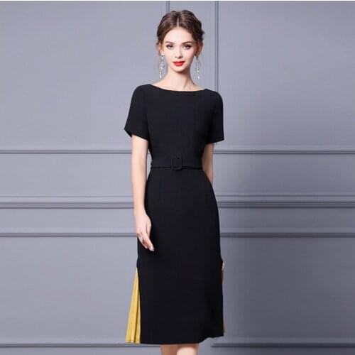 Black Yellow Color Matching Big Round Neck Slim Summer Ladies Dress Waist Womans Elegant Long Skirt Female Pencil Grace Dresses