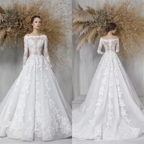 2021 New Wedding Dresses Elegant Long Sleeves Lace Appliques Bridal Gowns Custom Made Sweep Train A-Line Wedding Dress