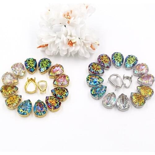 12pcs/bag Teardrop shape Glass Crystal rhinestones with sewing hollow base Copper rust white series for clothing