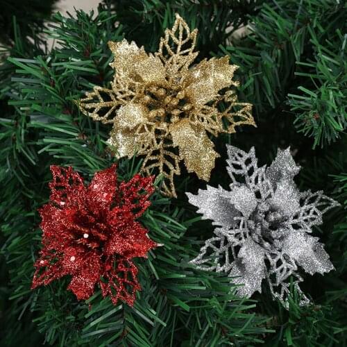 5Pcs 12cm Glitter Artificial Christmas Flower Home Xmas Ornaments New Year Gift Christmas Pendant