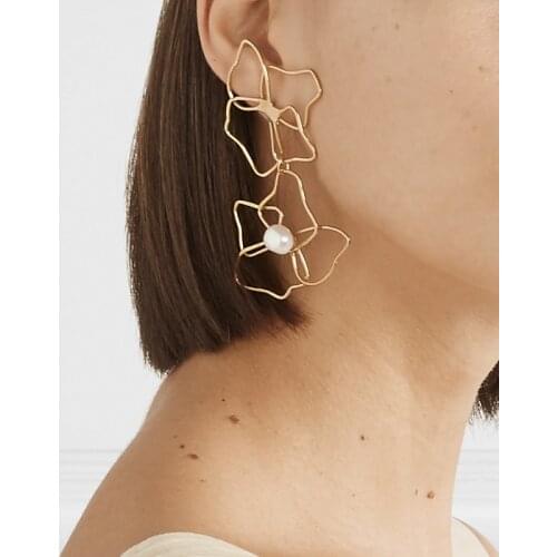 Boho Oversized Flower Asymmetrical Earrings for Women Pearl Funny Ethnic Creative Gold Pendants Earring Long Hanging Jewelry Za