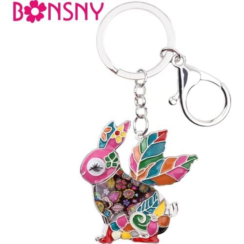 Bonsny Enamel Alloy Rabbit Hare Key Chain Key Ring Handbag Charm New Novelty Animal Jewelry For Women Keychain Decoration