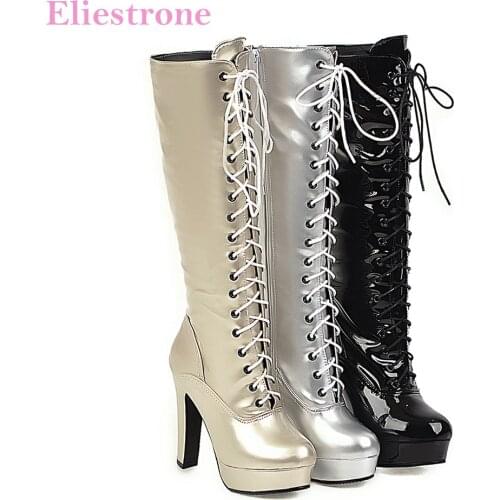 Brand New Comfortable Gold Silver Women Knee High Platform Boots Hot High Heels Lady Shoes LA257 Plus Big Size 11 43 46 48