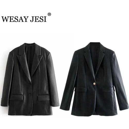 WESAY JESI Pant Suits TRAF ZA PU Faux Leather Blazers High Waist Black Pants Lady Elegant Pocket Streetwear Set Woman 2 Pieces