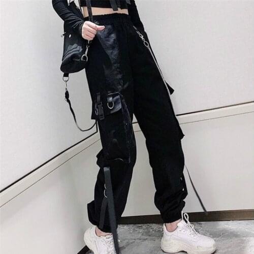 Womens Cargo Pants Elastic Waist Buckle Ribbon Pocket Jogger High Streetwear Harajuku Pant Punk Ring Chain Females Trousers