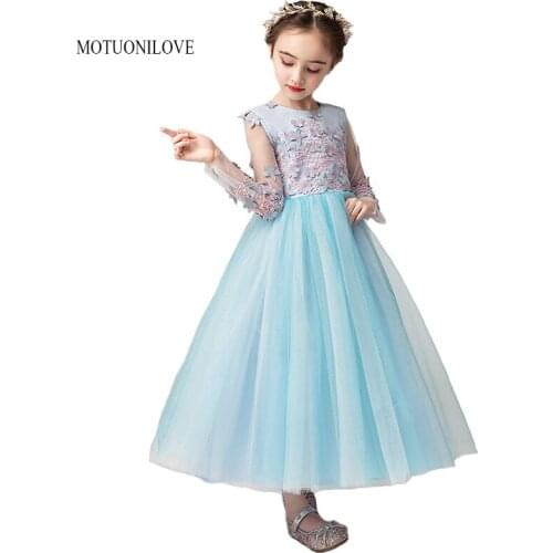 Long Sleeves Flower Girl Lace Dresses for Kids Wedding Bridesmaid Party Wear Children Formal Gown Princess Puffy Tulle Dress