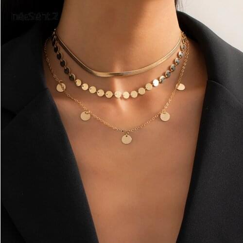 IngeSight.Z 3Pcs/Set Copper Flat Snake Chain Choker Necklace Collar Multi Layered Round Sequins Tassel Pendant Necklaces Jewelry