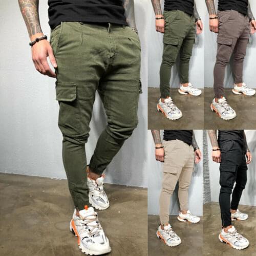 Mens Fashion Slim Fit Pencil Pants Males Casual Solid Color Skinny Big Pockets Pants Trousers Black Green Gray Khaki