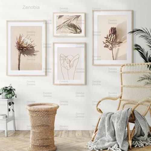 Beige Floral Canvas Painting Dried Protea Flowers Leaf Shadow Posters and Prints Wall Art Pictures for Bedroom Home Decoration