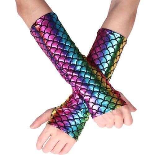 Women Female Mermaid Long Gloves Arm Sleeves Fish Scale Fingerless Gloves Adult Halloween Costumes Accessory Fancy Party Gloves