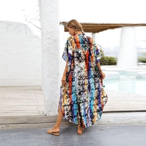 Q1QA Women Button Up Pockets Beach Shirt Dress Rainbow Snakeskin Swimsuit Cover Up
