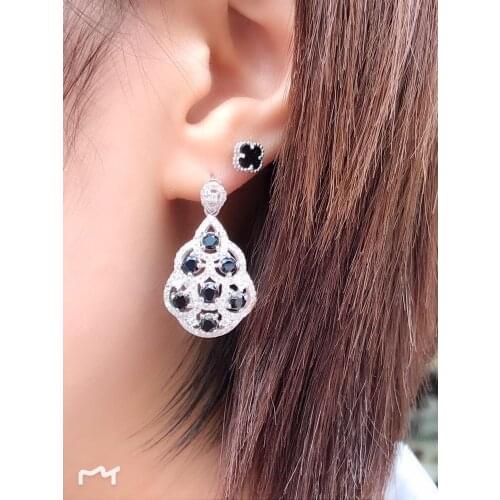 Luxurious ancient Fan wide natural black blue sapphire drop earrings Natural gemstone earrings S925 silver girl gift jewelry