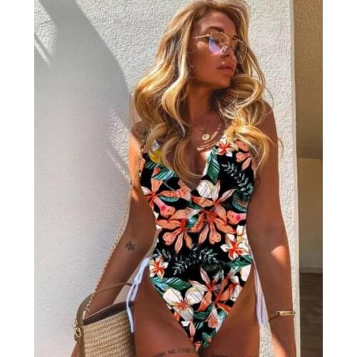 Sexy Bandage Women Swimsuit Floral Print Push Up Swimwear Monokini Hollow Out Bikini Bodysuit Summer Bathing Suit Beachwear