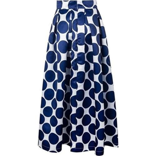 Vintage Zipper High Waist Polka Dots Printed Maxi Skirt Fall Casual Elegant Women Long Skirt Black/Blue/Red Pleated Skirt