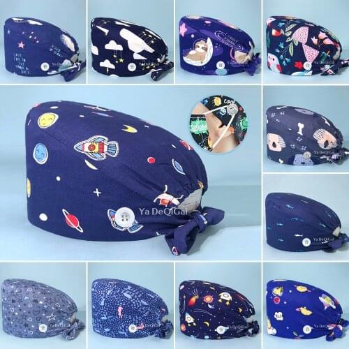 Scrubs caps with buttons cartoon print lab hat High Quality adjustable Scrubs caps beauty salon work caps Tieback Cotton Summer