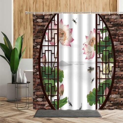 3D Chinese Painting Landscape Shower Curtain Set Lotus Floral Scenery Wall Decorative Round Arch Pattern Cloth Bathroom Curtains