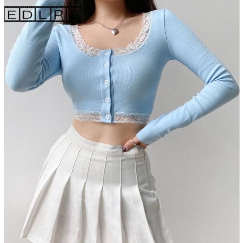 Unif French Lace Knitted Female Autumn Sexy Slimming Short Long-sleeved T-shirt Kawaii Clothes Y2k Tops Grunge Aesthetic