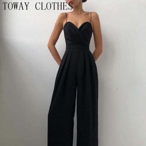 Women Solid Plain Sweetheart Neck Sleeveless Wide Leg Jumpsuit Long One Piece