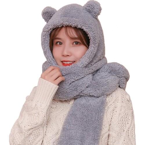 Women Winter Warm Plush Solid Color Bear Ear Design Scarf Hat Cap Earflap Set