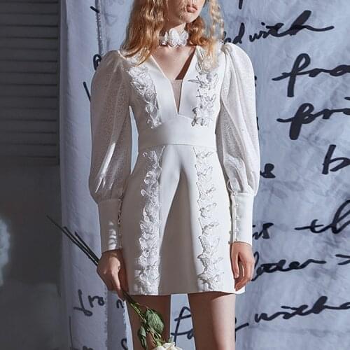Women White Elegant Summer Dress 3D Butterfly Long Lantern Sleeve High Waist Mini French Dress