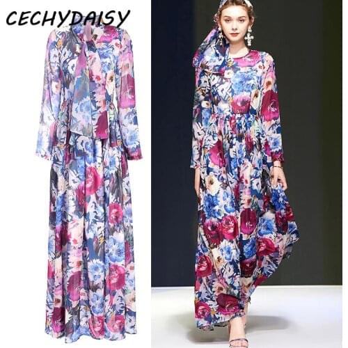 Runway 2020 Floor Length Maxi Dress Autumn Women Fashion Floral Print Wrist Sleevel Long Boho Lady Holiday Dresses Vestidos robe