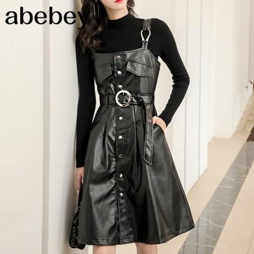 2020 New Autumn Winter Solid Color Strapless Black PU Leather High Waist Belt Zipper Loose Dress Women Fashion Tide JD032