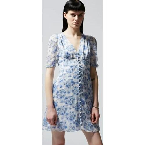 Women Dress 2020 Spring and Summer Floral V-neck Single-breasted Mini Dress