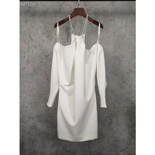 Sexy White Dresses Runway 2021 Spring Elegant Holiday Diamonds Collar Long Sleeves New Arrival Exquisite Ladies Dress