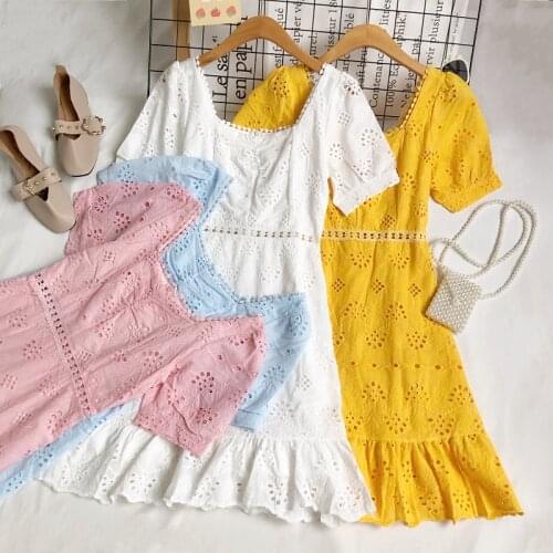 2021 summer new temperament wild square neck embroidery hollow short-sleeved ruffled slim fit hip dress