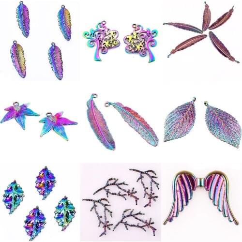 5Pcs/Lot Rainbow Color Metal Tree Leaves Charms Angel Wing Pendant For Jewelry Making Bracelet Necklac Handcraft