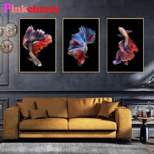 Red and Blue Fish 5D Diy Diamond Painting 3 pieces Wall Art Modern Triptych Diamond Embroidery Mosaic Full Square Round Drill