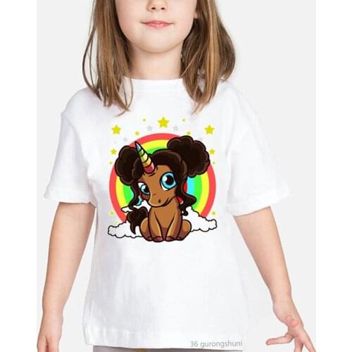 Kids Summer Fashion New T-shirt Print Brown Skin Girl Melanin Rainbow Unicorn Pattern Kawaii Girlst-shirt Harajuku Short Sleeve