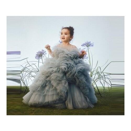 Cute Extra Puffy Kids Tulle Dresses Pleated Ruffles Custom Made Flower Girls Pageant Dressing Gowns Long Length