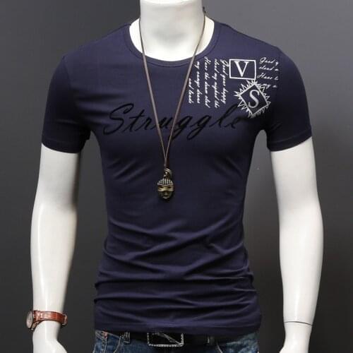 Men Short Sleeve Black T-Shirt Fashion Letter Printed Stretch Cotton Slim Fit Tshirt Summer O-Neck Tops Tees