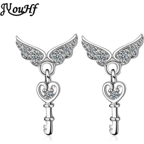 JYouHF Luxury AAA Cubic Zircon Angle Wings Earrings for Women Love Heart Key Earrings Ladies Fashion for Wedding Party Jewelry
