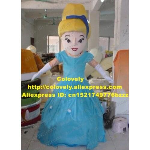 Pretty Blue Princess Mascot Costume Mascotte Rani Infanta With Long Blue Skirt Yellow Bushy Hairs Adult Size No.2750 Free Ship